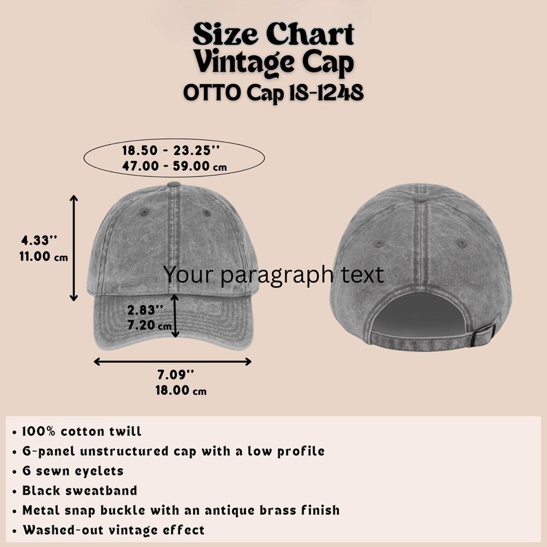 May include: A size chart for a vintage gray cap, with measurements in inches and centimeters. The cap is made of cotton twill and features a metal snap buckle. The text "Size Chart Vintage Cap" is displayed at the top.