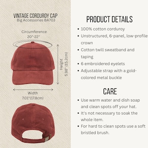 May include: A vintage corduroy cap in a reddish-brown hue. The cap has a circumference of 20"-22", a height of 5.98" (15.2cm), and a width of 7.01" (17.8cm). Features include an adjustable strap with a gold-colored metal buckle. The text "VINTAGE CORDUROY CAP" is visible.