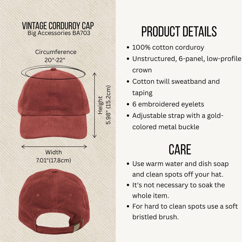 May include: A vintage corduroy cap in a reddish-brown hue. The cap has a circumference of 20"-22", a height of 5.98" (15.2cm), and a width of 7.01" (17.8cm). Features include an adjustable strap with a gold-colored metal buckle. The text "VINTAGE CORDUROY CAP" is visible.