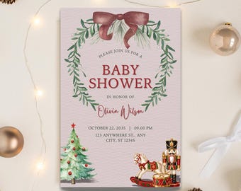 Classic Christmas Baby Shower Invitation Template | Nutcracker Canva Editable