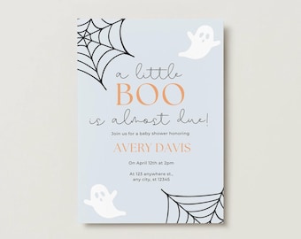 A Little Boo Is Almost Due Invitation | Halloween Baby Shower Invite | Editable Canva Template