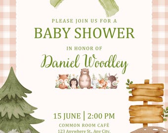 Woodland Baby Shower Invitation Template: Watercolor Forest Animals (Canva Editable)