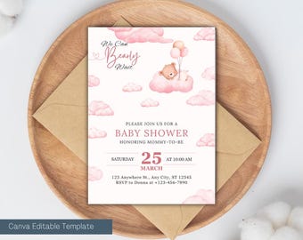 We Can Bearly wait Baby Shower Invitation | baby girl Invite | Editable Canva Template | Digital invite