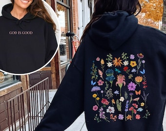 Christliches Wildblumen-Sweatshirt, Ästhetischer christlicher Hoodie, Christliche Hoodies für Damen, Pullover mit gepressten Blumen auf dem Rücken, Glaubenspullover