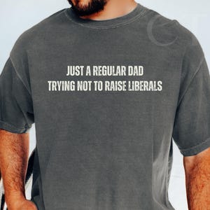May include: A gray t-shirt with the text "JUST A REGULAR DAD TRYING NOT TO RAISE LIBERALS" in white. The shirt is worn by a person in blue jeans. The word "PEPPER" is in the bottom right corner.