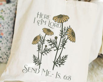 Isaiah 6:8 Bible Verse Tote Bag Floral Christian Tote Bag Christian Missionary Gift Sunflower Canvas Bag Gift For Christian Teacher