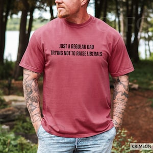 May include: Crimson-colored t-shirt with the text "JUST A REGULAR DAD TRYING NOT TO RAISE LIBERALS" in black. The shirt is a solid color and has short sleeves. The bottom right corner of the image has the word "CRIMSON".