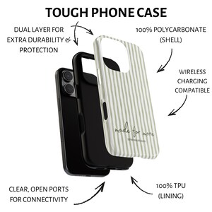 May include: A tough phone case with a dual-layer design for extra durability and protection. The case features a striped pattern and the text "made for more". It is wireless charging compatible and has clear, open ports for connectivity.