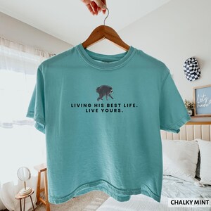 May include: A teal short-sleeve crewneck t-shirt featuring a graphic of a walking raccoon centered on the chest. Below the raccoon, the black text reads: LIVING HIS BEST LIFE. LIVE YOURS. The shirt is displayed on a wooden hanger against a light background.