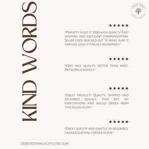 May include: A graphic display titled KIND WORDS featuring four five-star customer reviews in brown text on a light background. The reviews praise product quality and service. A circular logo for Crab Tree Family Gifts is in the top right corner.