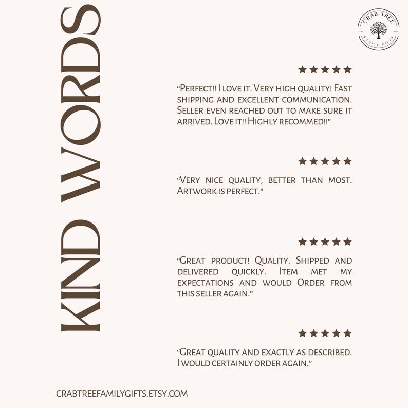 May include: A graphic display titled KIND WORDS featuring four five-star customer reviews in brown text on a light background. The reviews praise product quality and service. A circular logo for Crab Tree Family Gifts is in the top right corner.