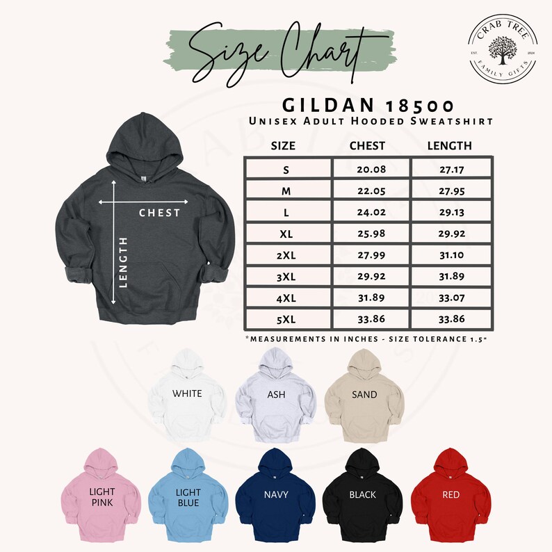 Puede incluir: Tabla de tallas para una sudadera con capucha unisex para adultos Gildan 18500. La tabla muestra las medidas de pecho y largo en pulgadas para las tallas S a 5XL. Ejemplos de la sudadera en blanco, ceniza, arena, rosa claro, azul claro, marino, negro y rojo.