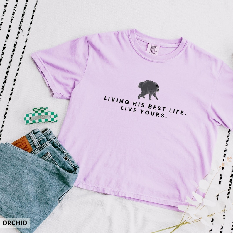 May include: A light purple short-sleeve t-shirt featuring a graphic of a walking raccoon and the black text "LIVING HIS BEST LIFE. LIVE YOURS." The shirt has a crew neckline and a standard fit, displayed alongside blue denim jeans and a hair clip.