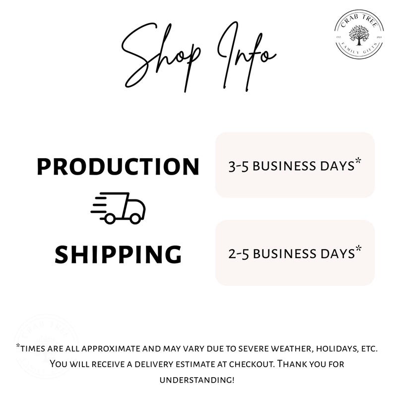 May include: A white background with the text "Shop Info" in a cursive font. Below, it lists "PRODUCTION" and "SHIPPING" with estimated business days. A logo for Crab Tree Family Gifts is in the upper right corner.