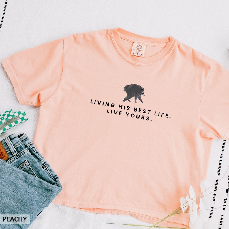 May include: A peach-colored short-sleeve t-shirt featuring a graphic of a raccoon and the black text "LIVING HIS BEST LIFE. LIVE YOURS." The shirt has a crew neckline and a Comfort Colors brand label visible on the inside of the collar.