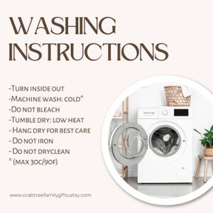 May include: Washing instructions graphic featuring dark brown text on a light background. The text reads: Turn inside out, Machine wash: cold (max 30C/90F), Do not bleach, Tumble dry: low heat, Hang dry for best care, Do not iron, Do not dryclean.