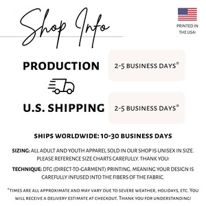May include: An informational graphic with black text on a white background. It displays production and shipping timelines, notes that apparel is unisex, and explains the DTG printing technique. A small American flag icon is in the top right corner.