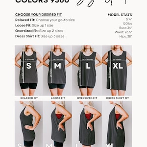 May include: Size guide for Comfort Colors 9360 apparel. The guide includes measurements for sizes S, M, L, and XL, with options for relaxed, loose, oversized, and dress shirt fits. Model stats are also provided: 5'4", 120lbs, 34" bust, 26.5" waist, and 38" hips.