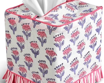 Cotton Ruffle Block Print Tissue Box Cover, Pink Sapphire Square Decorative Fabric Tissue Box Holder, Fully Lined.