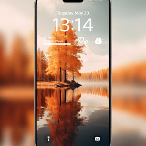 Puede incluir: La pantalla de un teléfono que muestra una pantalla de bloqueo con una foto de un lago y árboles en otoño. La hora es 13:14 y la fecha es martes 20 de mayo. El teléfono está cargado al 100%.