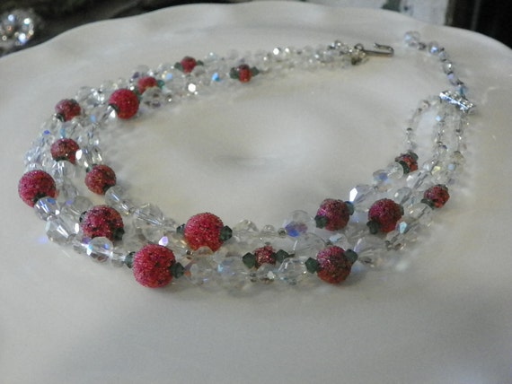 3 Strand AB Crystal Necklace with Sugared Raspberr