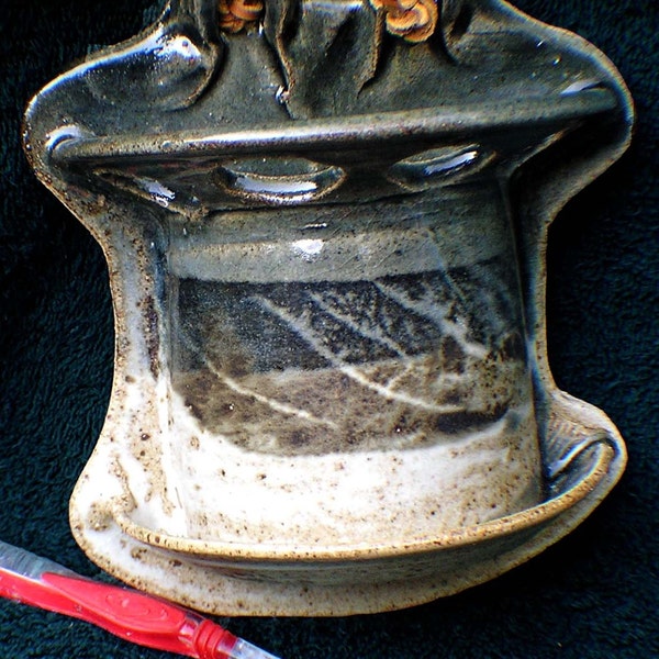 Stoneware Hanging Toothbrush Holder... Leaf Design... Handmade and Printed in Wisconsin