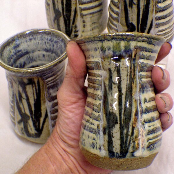 Set Of 4 Stoneware Cups... Squished and Altered... Dragonfly and Grass Design...