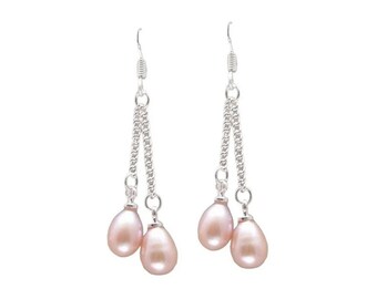 Freshwater Pearl Double Drop Earrings, 925 Silver Ear Wires