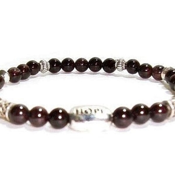 Garnet Bracelet , Genuine Garnet Gemstone Stretch Bracelet , Sterling Silver Hope Charm