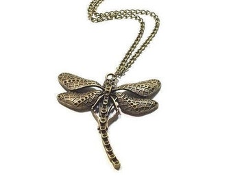 Dragonfly Pendant,Antiqued Bronze Dragonfly, Antiqued Brass Chain / Verdigris  Patina  Brass Pendant