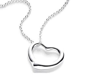 Lagenlook polished matte silver elongated large open heart pendant long necklace Lagenlook polished matte silver elongated large open heart pendant long necklace