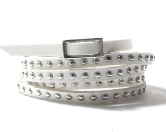 White Leather Wrap Cuff Bracelet Silver Studded Leather , Skinny Leather Bracelet