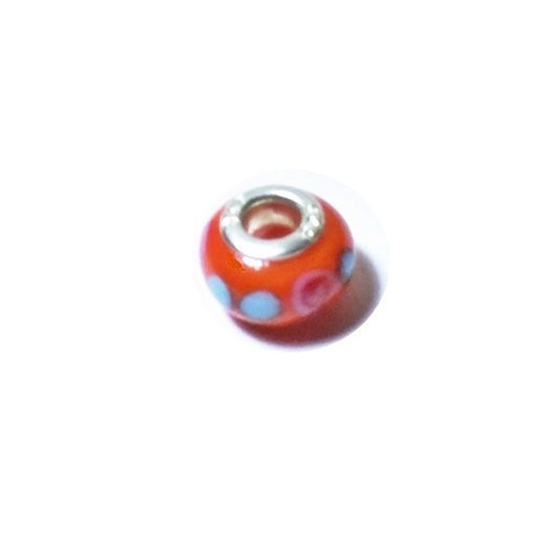 Orange Lampwork  Bead , 925 Sterling Silver European Bead , Large Hole , Bracelet Charms , Fits All European Bracelets , 1 Pcs