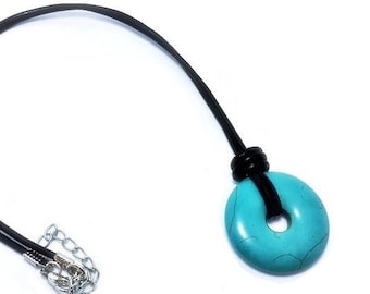 Turquoise Donut Pendant, Black Leather Necklace