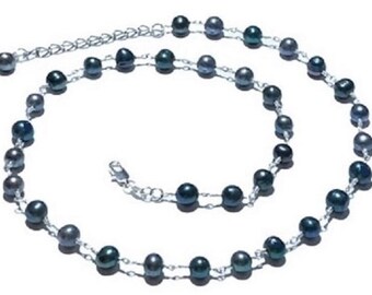 Peacock Pearl Necklace: Sterling Silver Wire Wrapped Freshwater Pearls