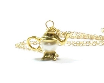 Teapot Pearl Pendant ,  Gold  Filled Chain