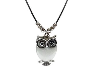 Owl Pendant, Black Leather Necklace, 925 Silver Clasp
