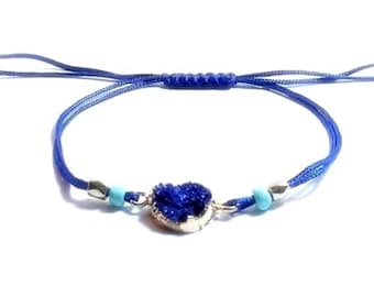 Agate Druzy Bracelet, Gold Dipped Stone, Blue , Green & Pink Waxed Linen Cord