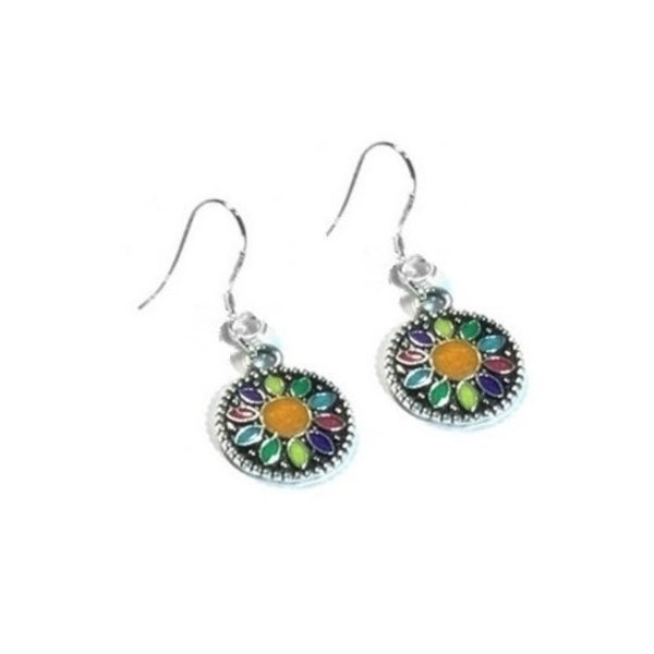 Colorful Inlay Medallion Earrings , Sterling Silver Ear Wires , Festive Sundance Style Earrings, Dangle Earrings