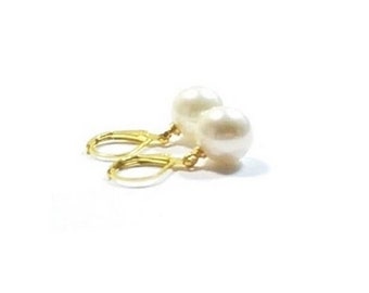 White Drop Pearl Earrings, Lever Back Ear Wires , French Ear Wires, 10MM Pearls