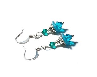 Blue Flower Earrings, Bicone Crystals, 925 Silver Ear Wires