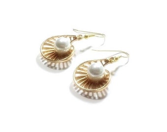 White Pearl Earrings, Gold Shell Earrings,   Pearl Jewelry, Gift For Her