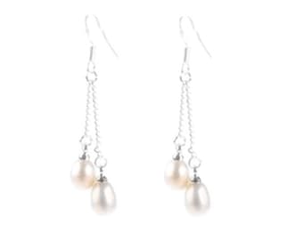 Double Drop Freshwater Pearl Dangle Earrings, 925 Silver  Ear Wires