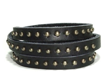 Black Leather Wrap Bracelet , Bronze Studded Black Leather , Buckle Clasp , Unisex