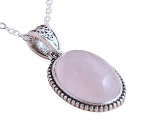 Oval Rose Quartz Pendant, 925 Sterling Silver Chain