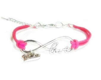 Silver Infinity Love Bracelet: Pink Cord, Heart Charm