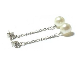 White Faux Pearl Dangle Earrings: Sterling Silver Chain, Crystal Studded