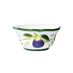 May include: White ceramic bowl with a scalloped rim, decorated with a green border and a pear motif. The pear is purple and green, with green leaves and red accents. A decorative kitchenware item.