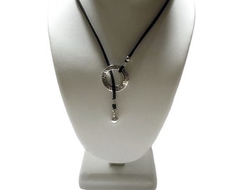 Black Leather Lariat, Hammered Silver Ring Pendant, Leather and Silver Lariat