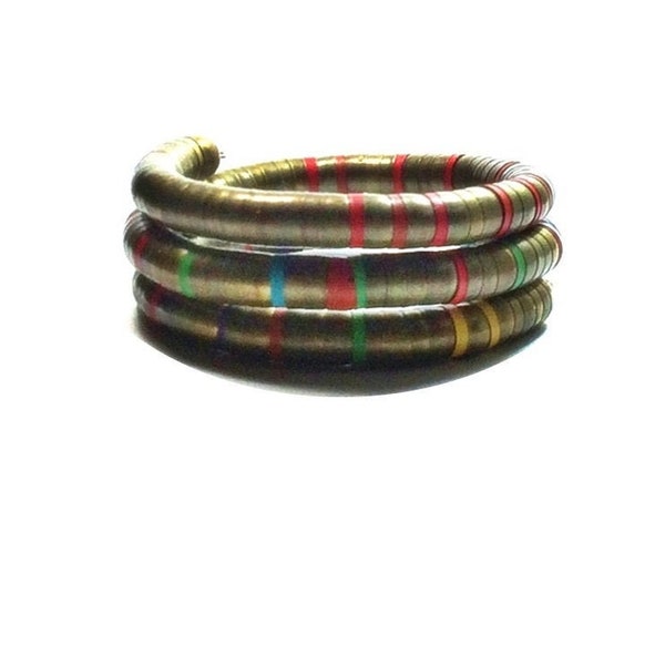Beaded Bangle Cuff, Multicolor Brass Beads, Bohemian Wrap Bracelet, Chunky Statement Bracelet